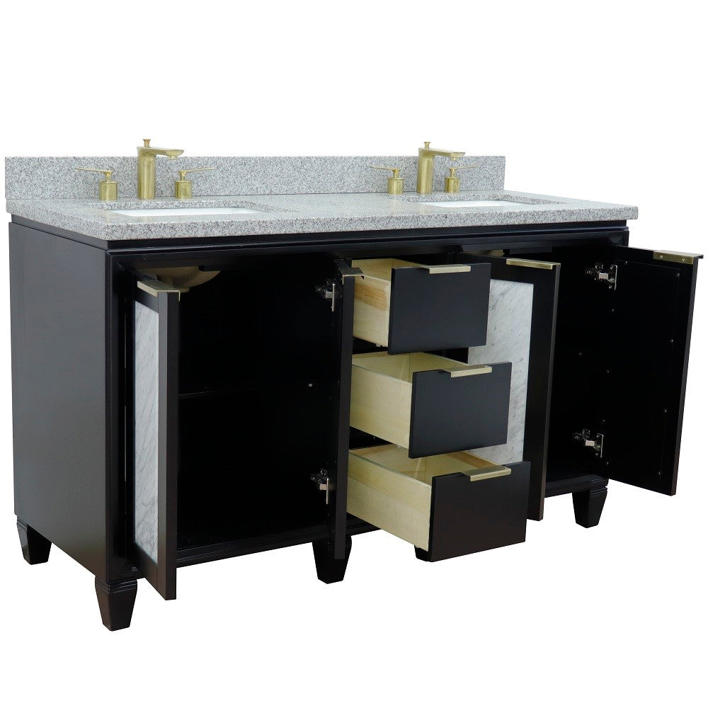 61 in. Double Sink Vanity in Black Finish with Gray Granite and Rectangle Sinks, Trento Collection
