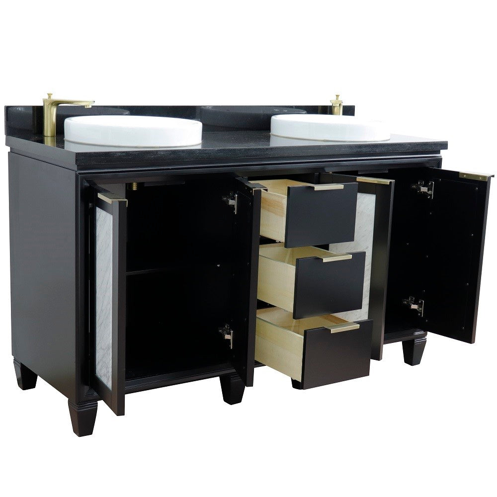 61 in. Double Sink Vanity in Black Finish with Black Galaxy Granite and Round Sink, Trento Collections