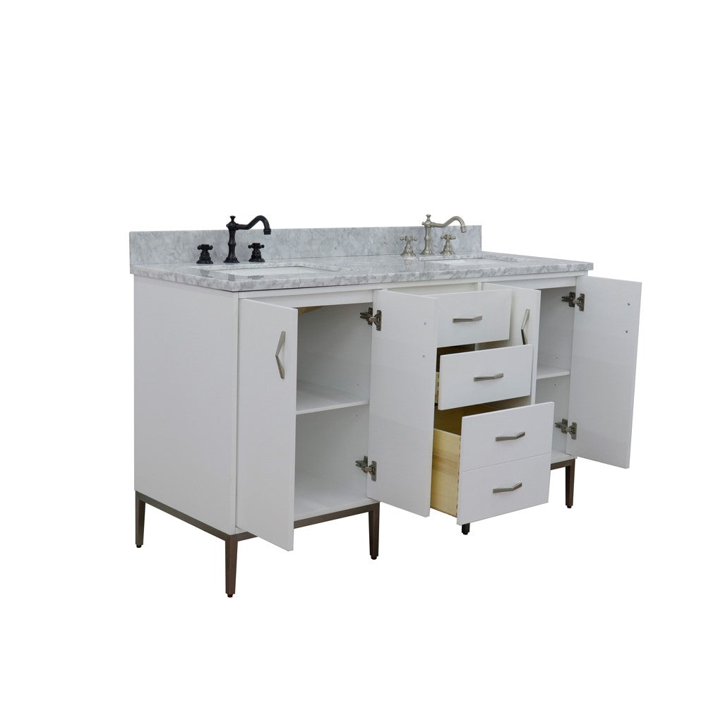 61 in. Double Sink Vanity in White Finish with White Carrara Marble and Rectangle Sink, Tivoli Collections