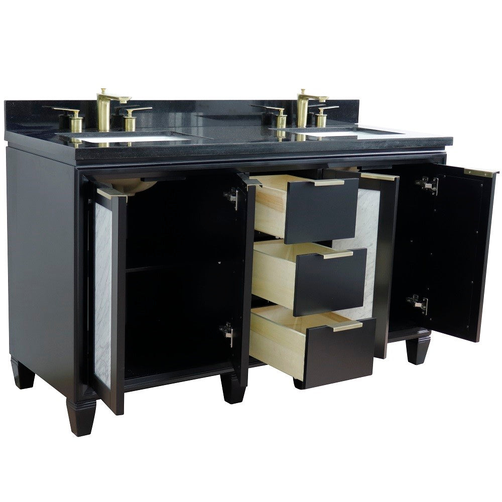 61 in. Double Sink Vanity in Black Finish with Black Galaxy Granite and Rectangle Sinks, Trento Collection
