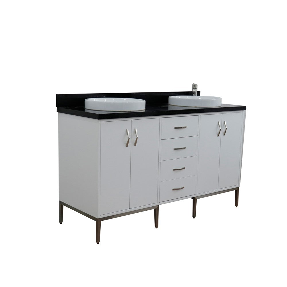 61 in. Double Sink Vanity in White Finish with Black Galaxy Granite and Round Sink, Tivoli Collection