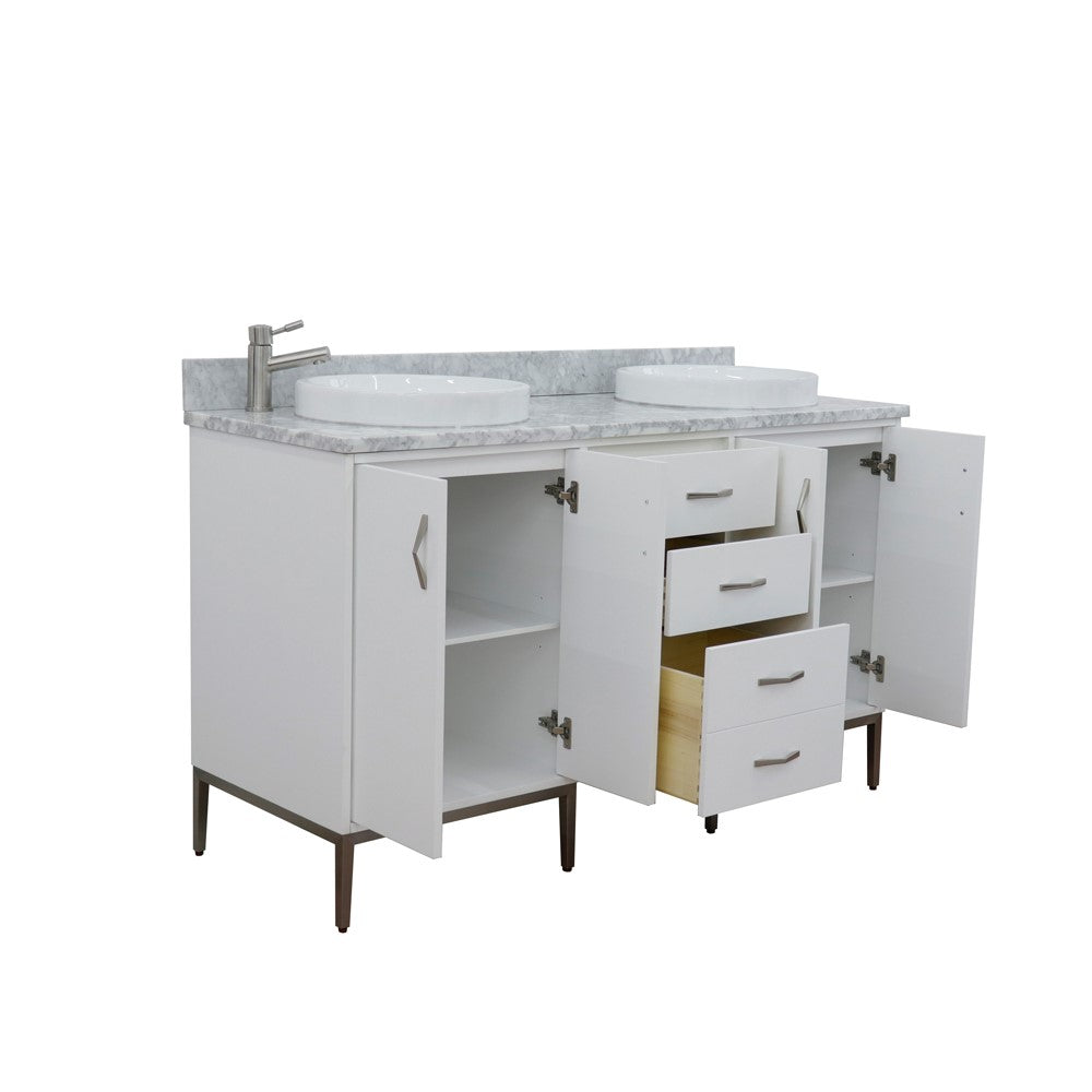 61 in. Double Sink Vanity in White Finish with White Carrara Marble and Round Sink, Tivoli Collection