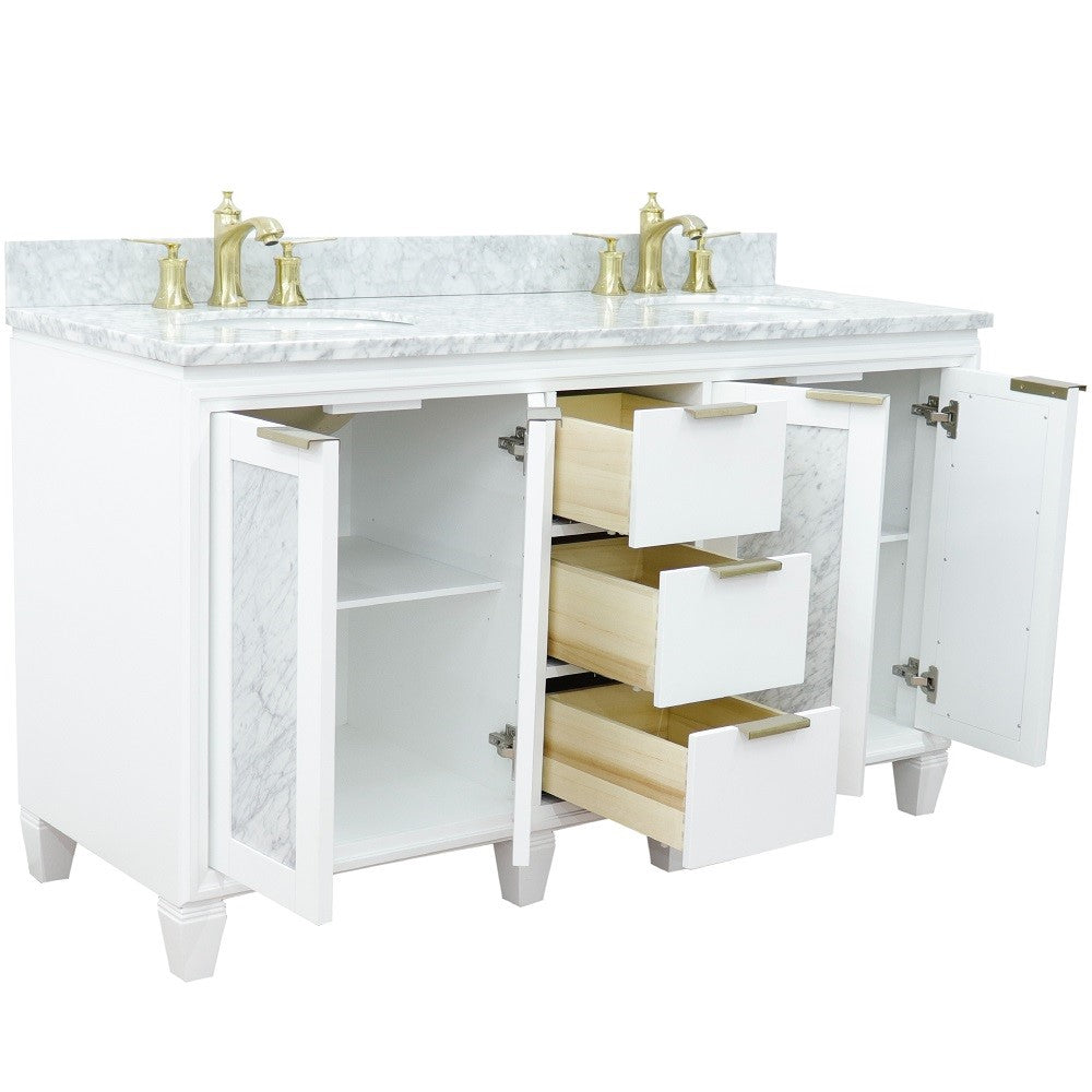 61 in. Double Sink Vanity in White Finish with White Carrara Marble and Oval Sink, Trento Collections