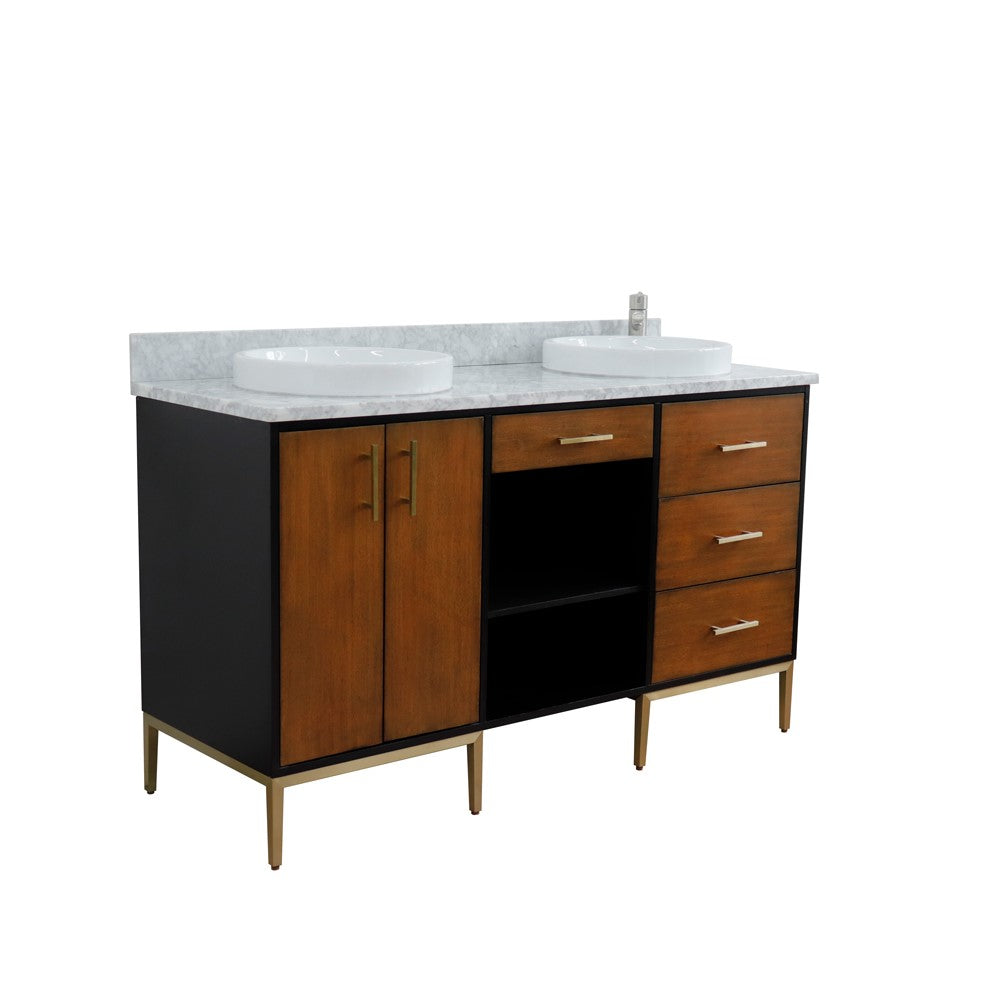 61 in. Double Sink Vanity in Walnut and Black Finish and White Carrara Marble and Round Sinks, Trento Collection