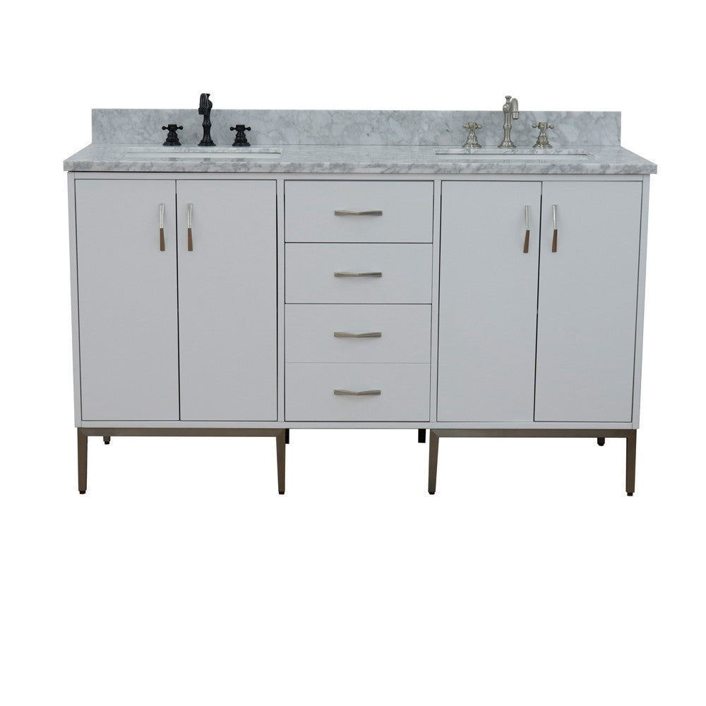 61 in. Double Sink Vanity in White Finish with White Carrara Marble and Rectangle Sink, Tivoli Collections