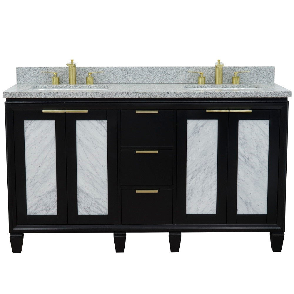 61 in. Double Sink Vanity in Black Finish with Gray Granite and Rectangle Sinks, Trento Collection