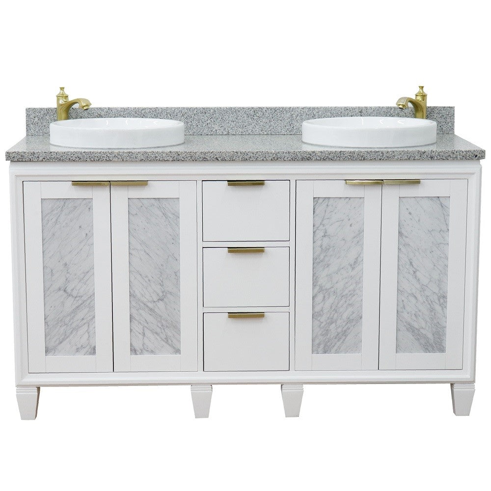 61 in. Double Sink Vanity in White Finish with Gray Granite and Round Sink, Trento Collections