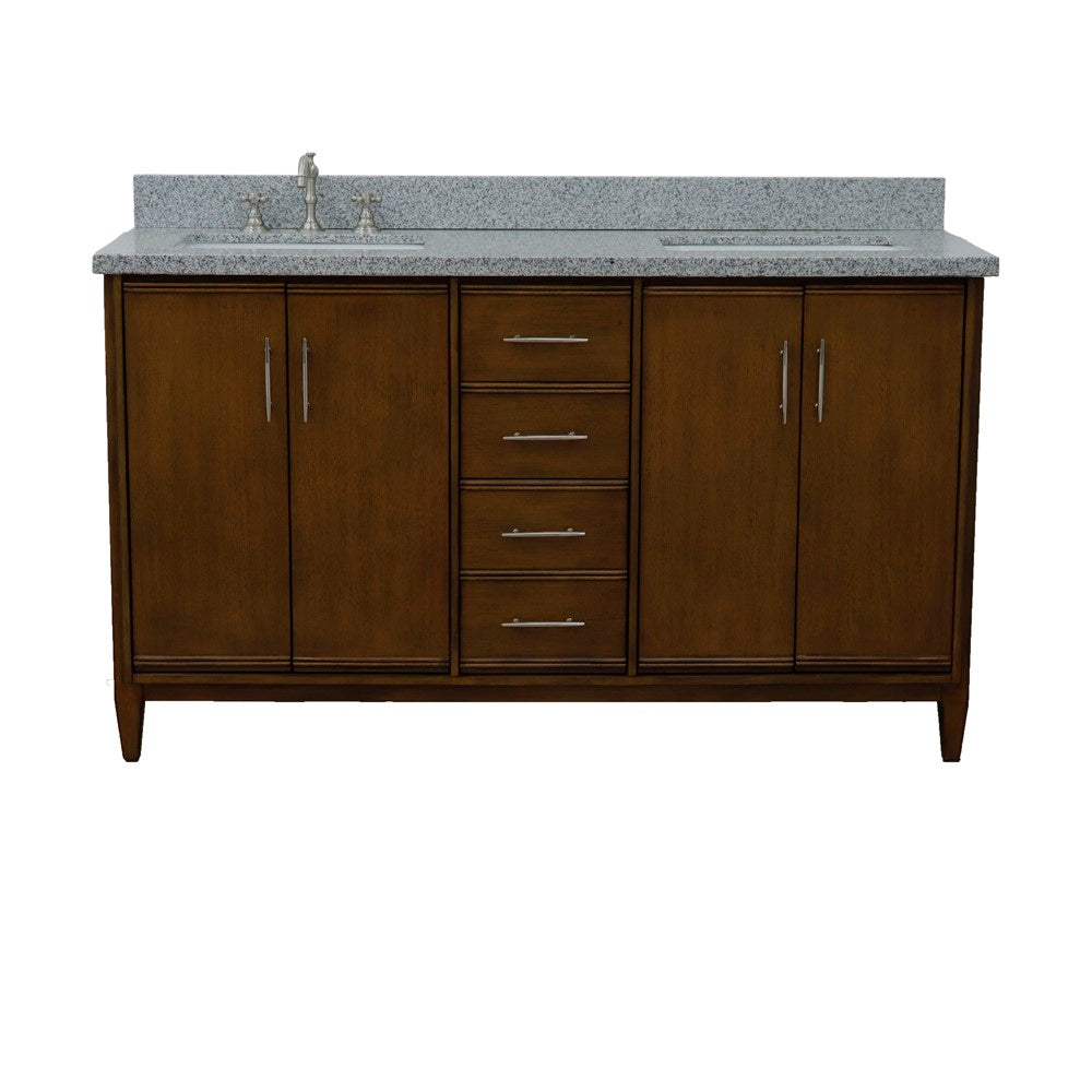 61 in. Double Sink Vanity in Walnut Finish with Gray Granite and Rectangle Sink