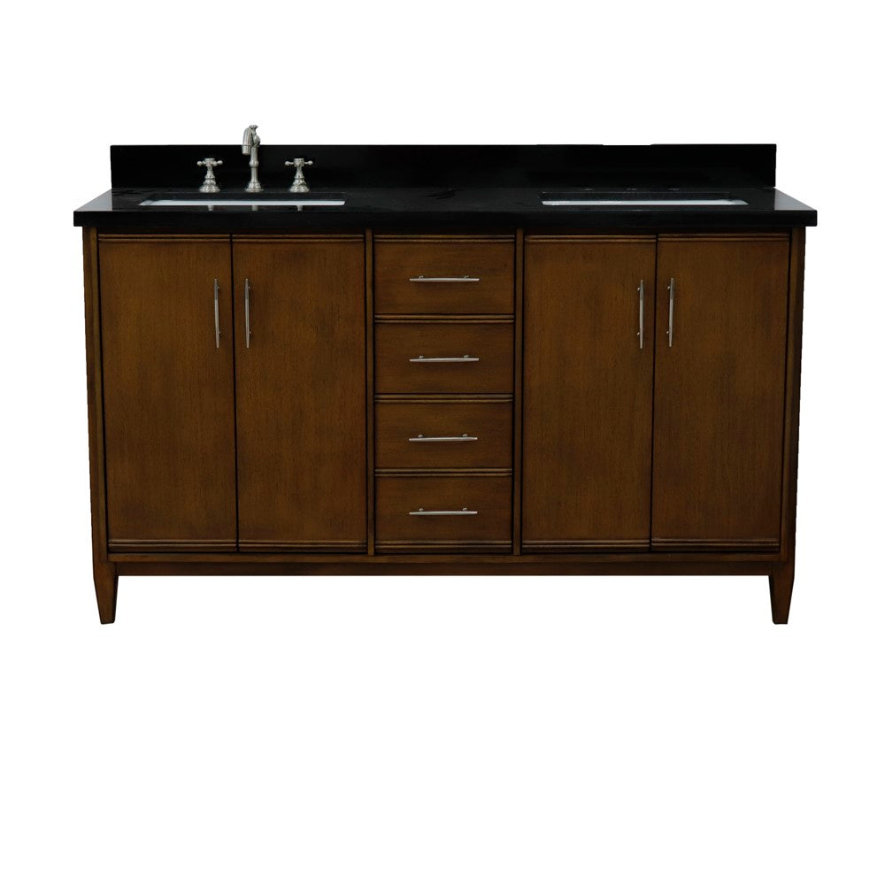 61 in. Double Sink Vanity in Walnut Finish with Black Galaxy Granite and Rectangle Sink