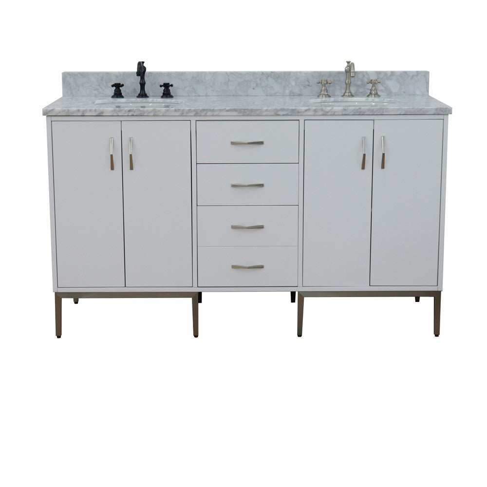 61 in. Double Sink Vanity in White Finish with White Carrara Marble and Oval Sink, Tivoli Collection
