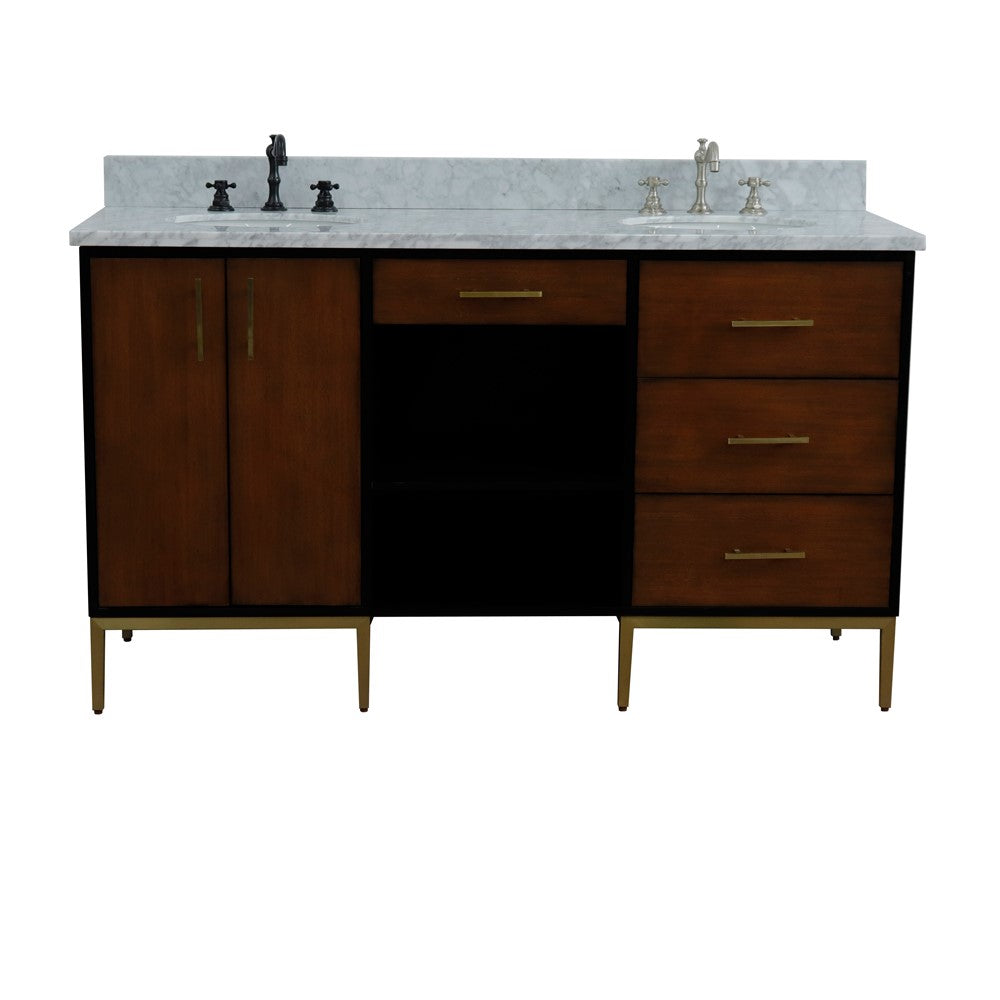 61 in. Double Sink Vanity in Walnut and Black Finish and White Carrara Marble and Oval Sinks