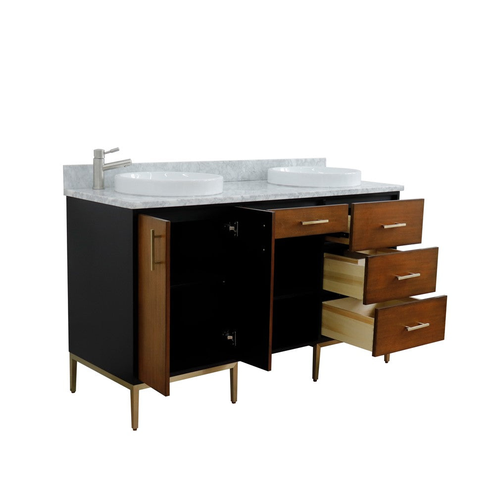 61 in. Double Sink Vanity in Walnut and Black Finish and White Carrara Marble and Round Sinks, Trento Collection