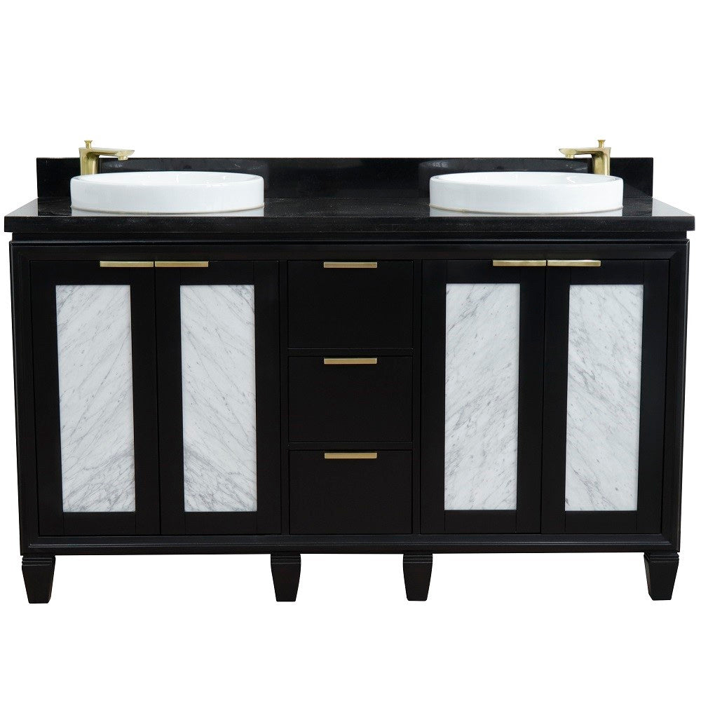61 in. Double Sink Vanity in Black Finish with Black Galaxy Granite and Round Sink, Trento Collections