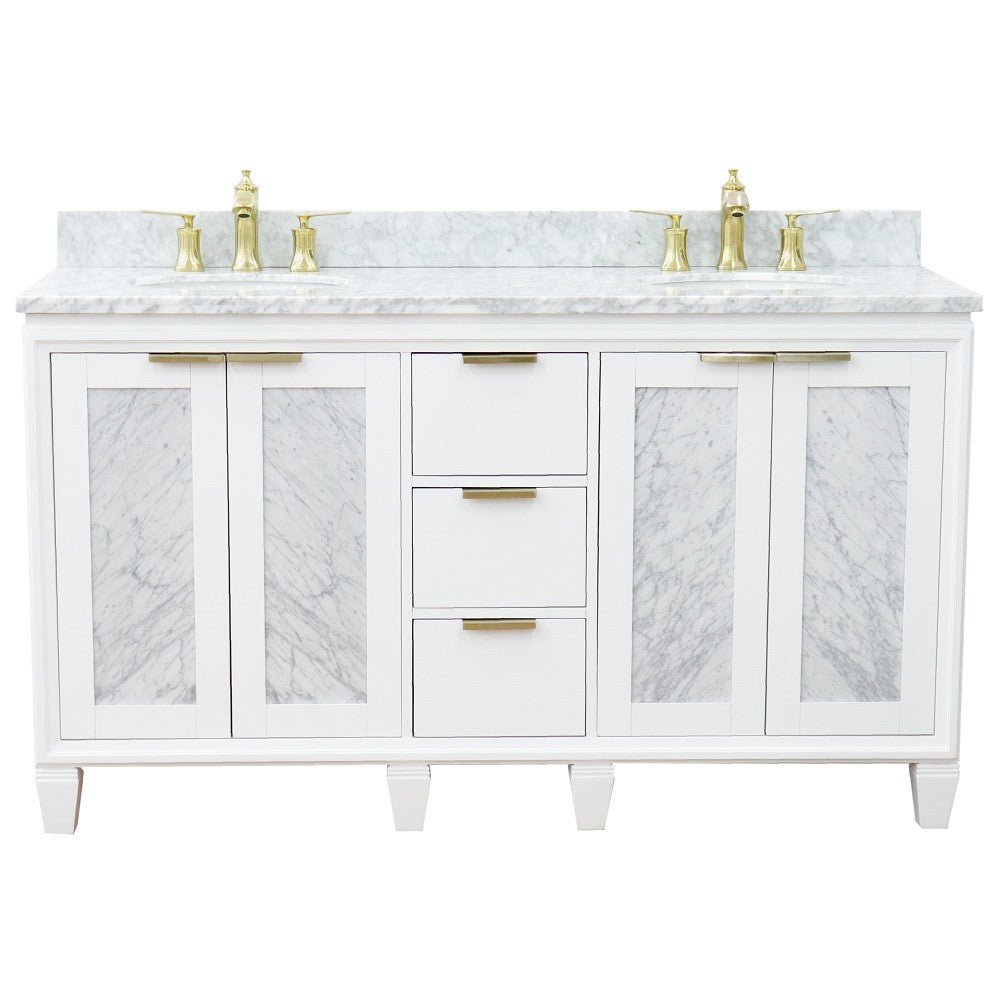 61 in. Double Sink Vanity in White Finish with White Carrara Marble and Oval Sink, Trento Collections