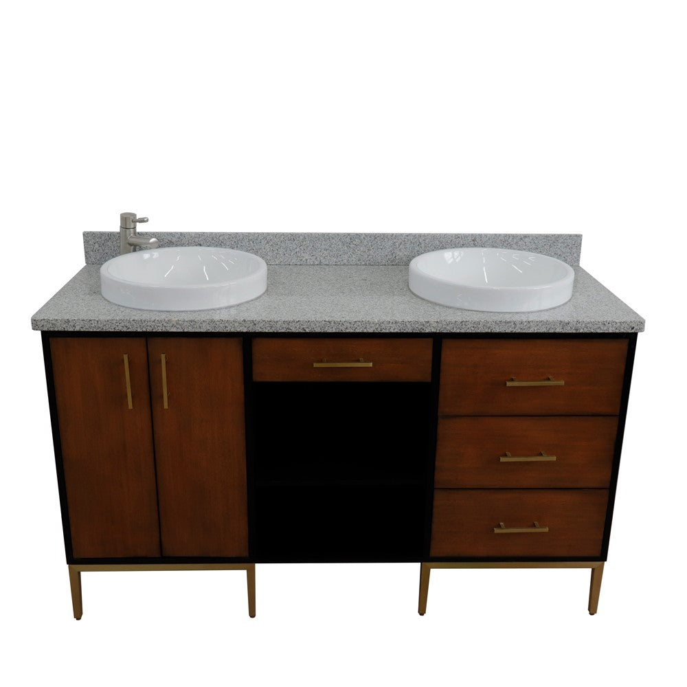 61 in. Double Sink Vanity in Walnut and Black Finish and Gray Granite and Round Sinks, Trento Collection