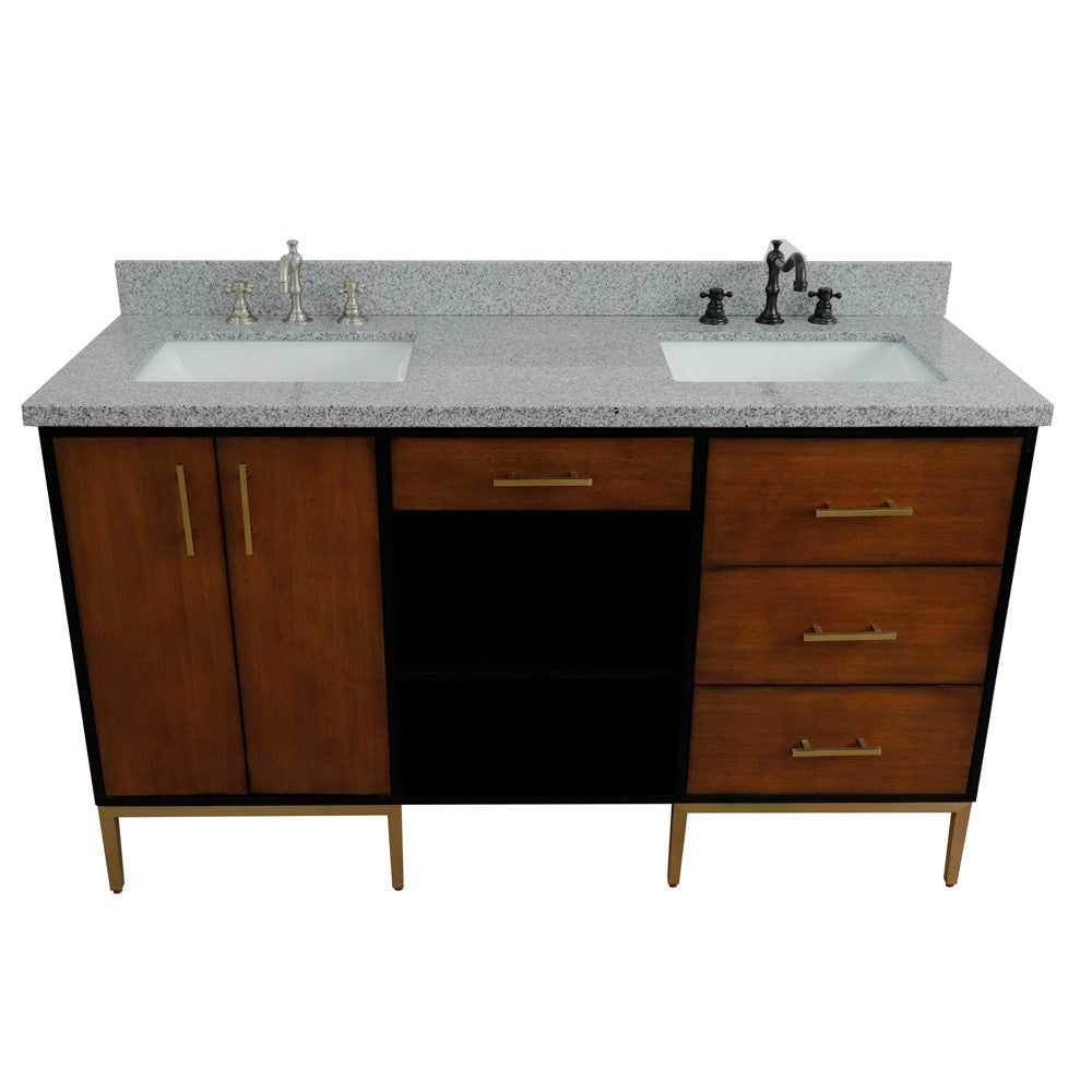 61 in. Double Sink Vanity in Walnut and Black Finish and Gray Granite and Rectangle Sinks, Trento Collection