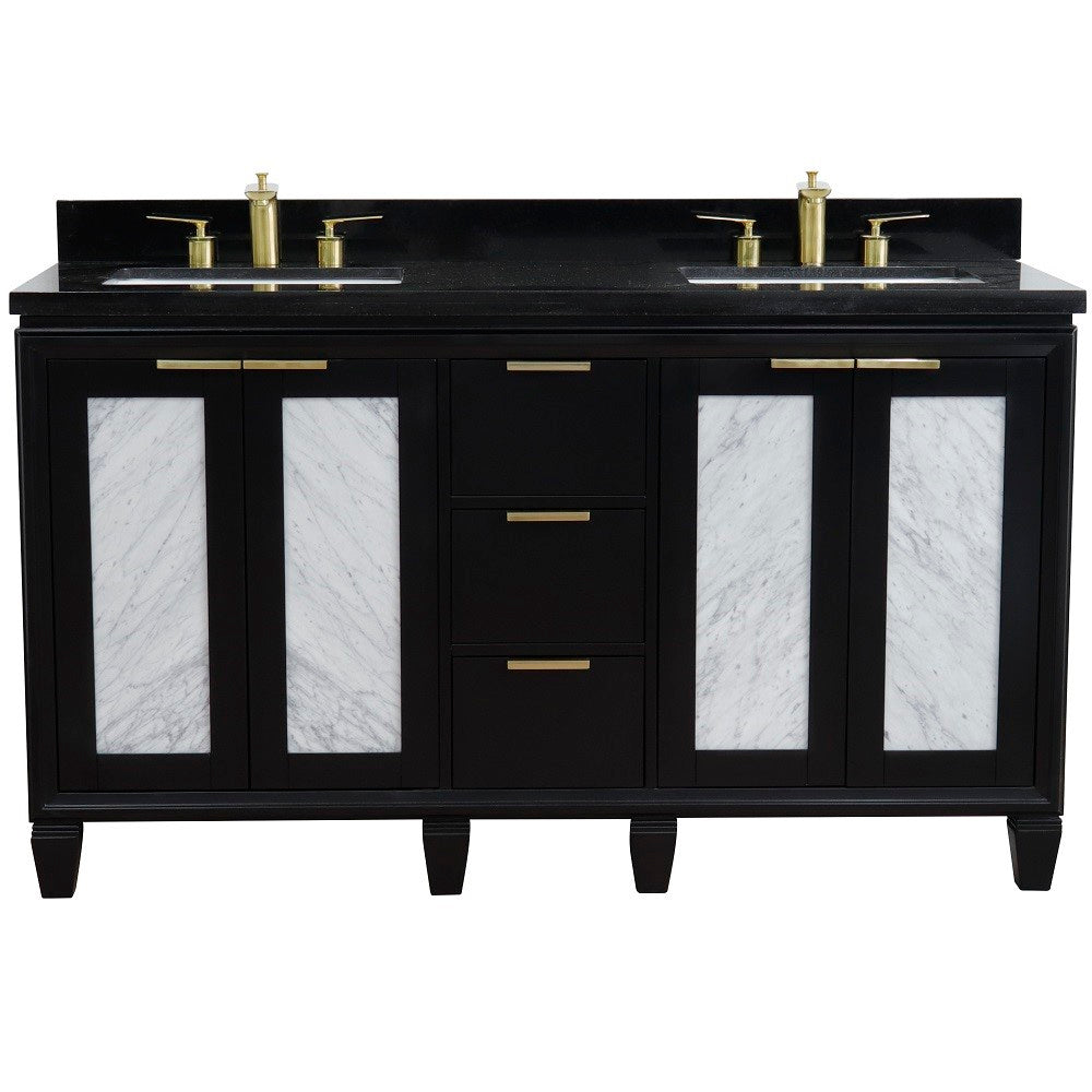 61 in. Double Sink Vanity in Black Finish with Black Galaxy Granite and Rectangle Sinks, Trento Collection