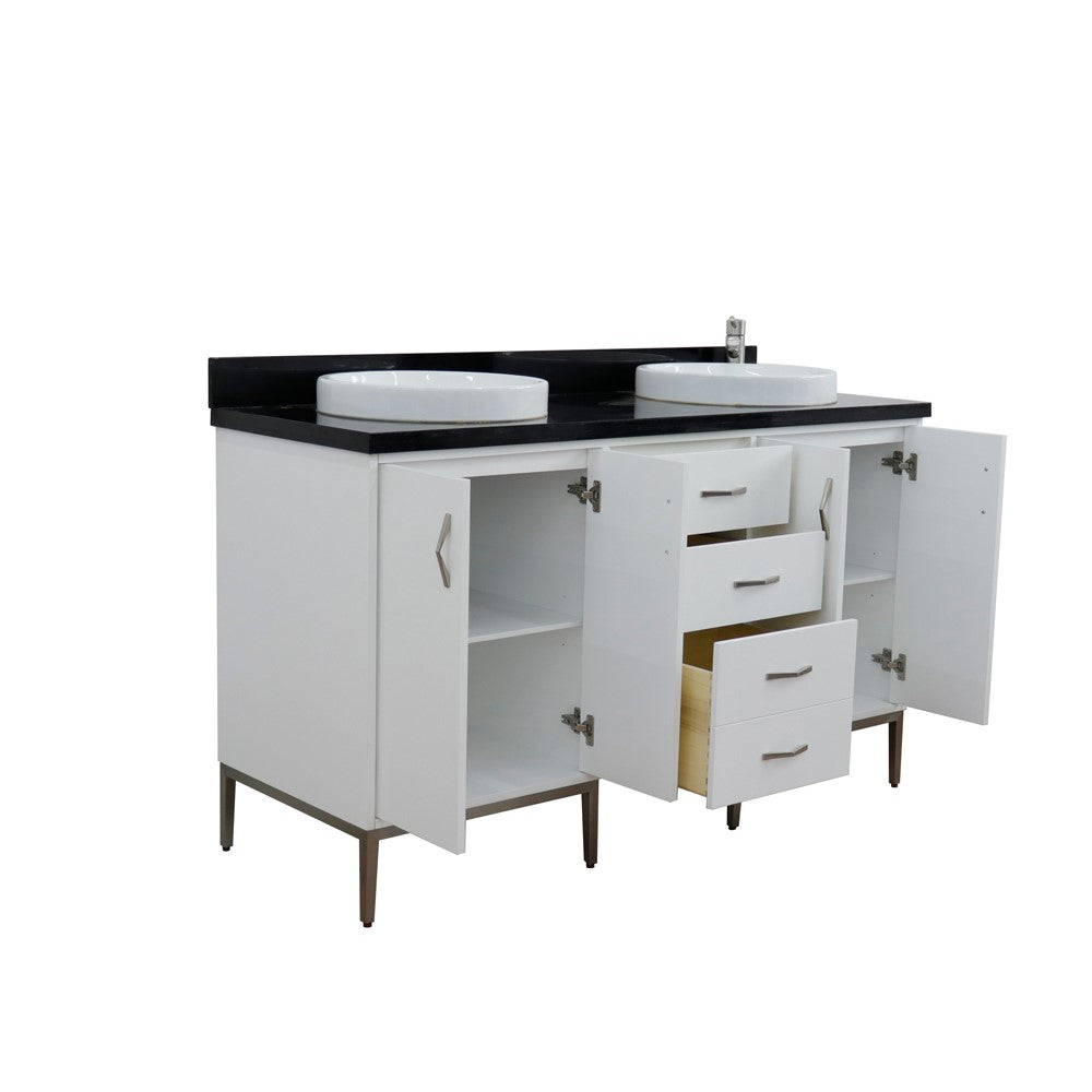 61 in. Double Sink Vanity in White Finish with Black Galaxy Granite and Round Sink, Tivoli Collection
