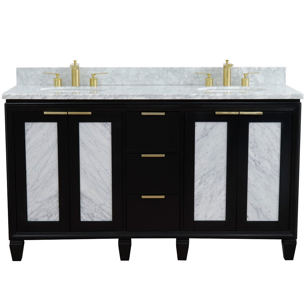 61 in. Double Sink Vanity in Black Finish with White Carrara Marble and Oval Sink, Trento Collections