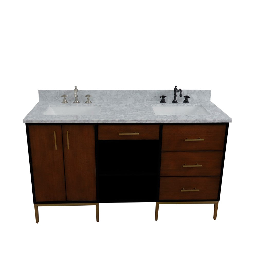 61 in. Double Sink Vanity in Walnut and Black Finish and White Carrara Marble and Rectangle Sinks, Trento Collection