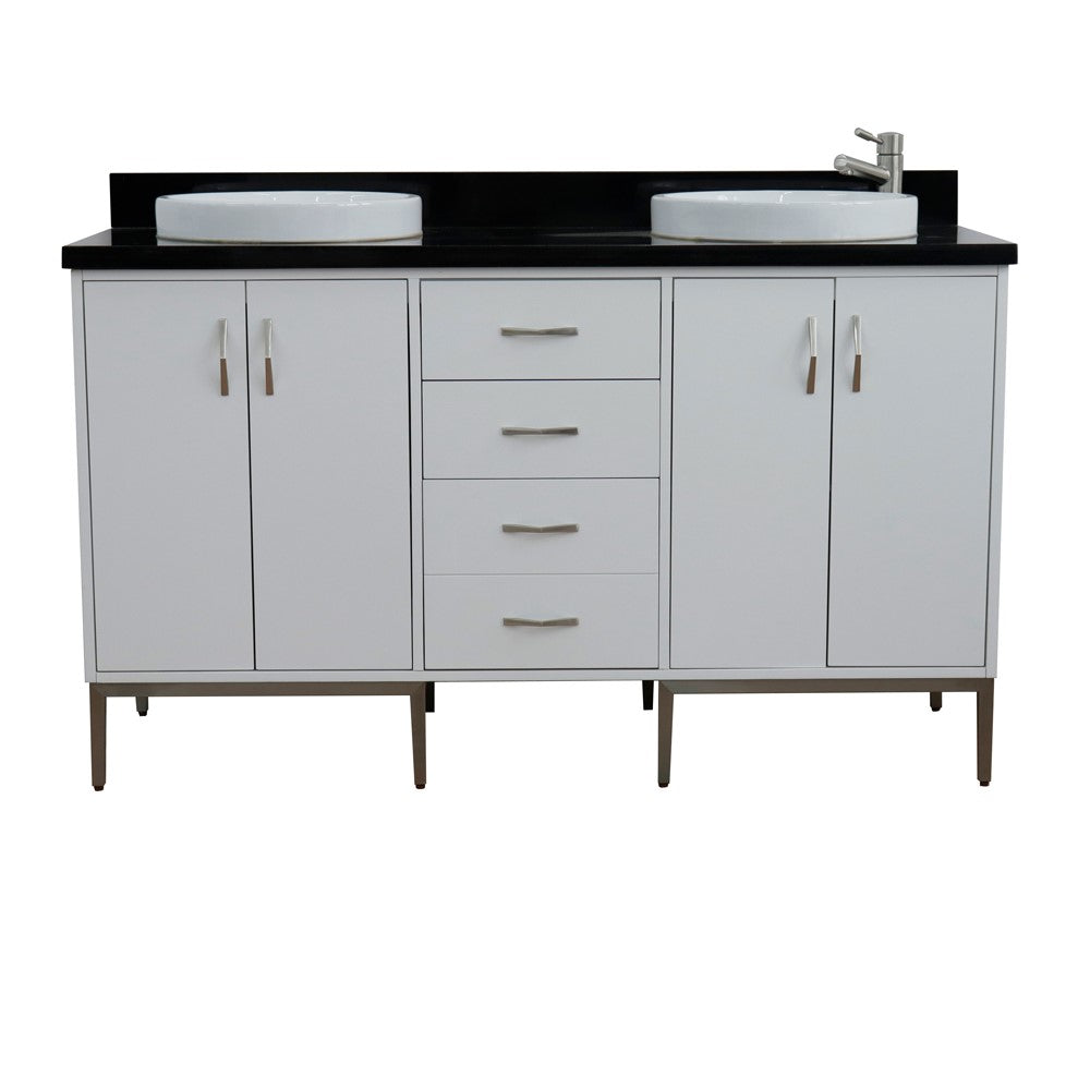 61 in. Double Sink Vanity in White Finish with Black Galaxy Granite and Round Sink, Tivoli Collection
