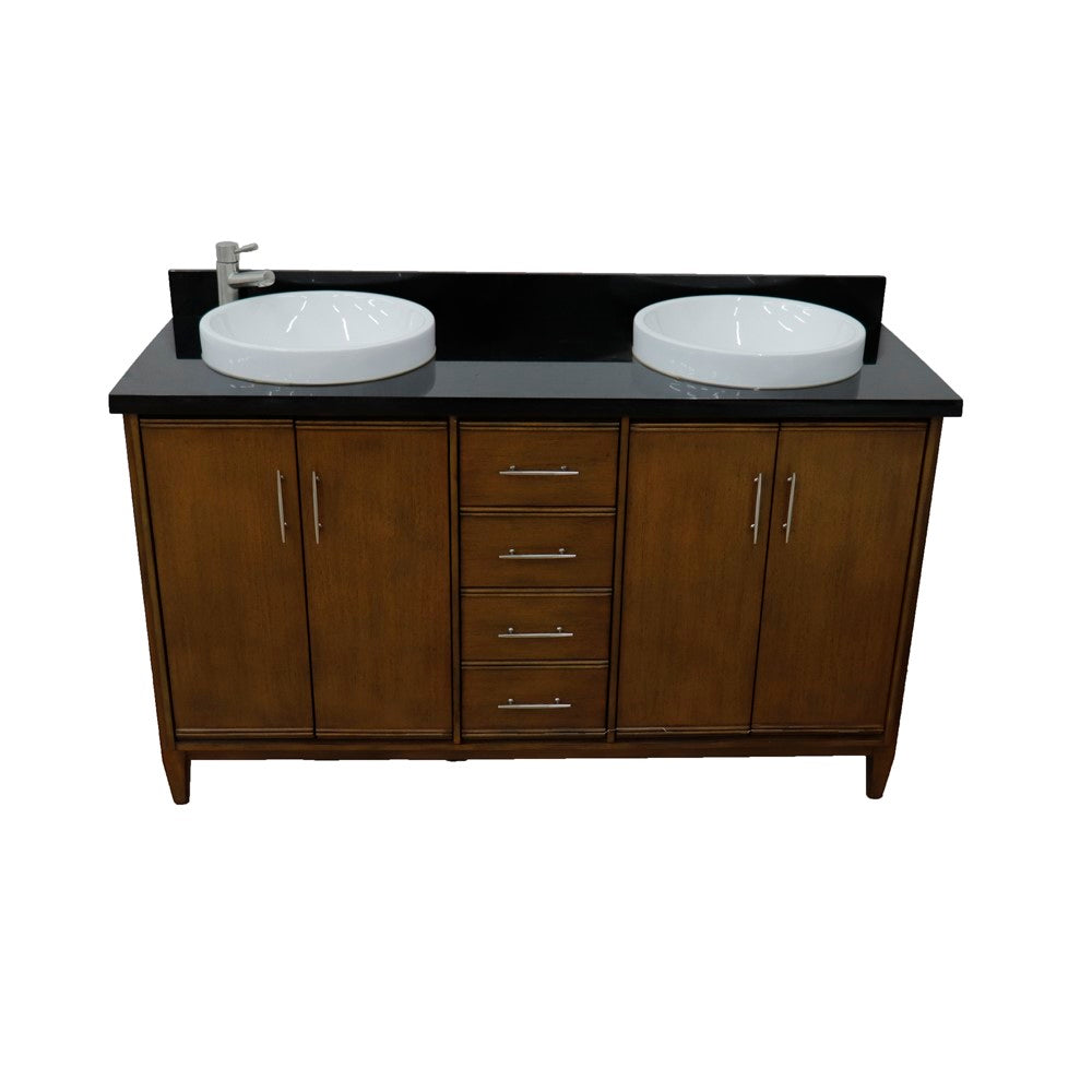 61 in. Double Sink Vanity in Walnut Finish with Black Galaxy Granite and Round Sink