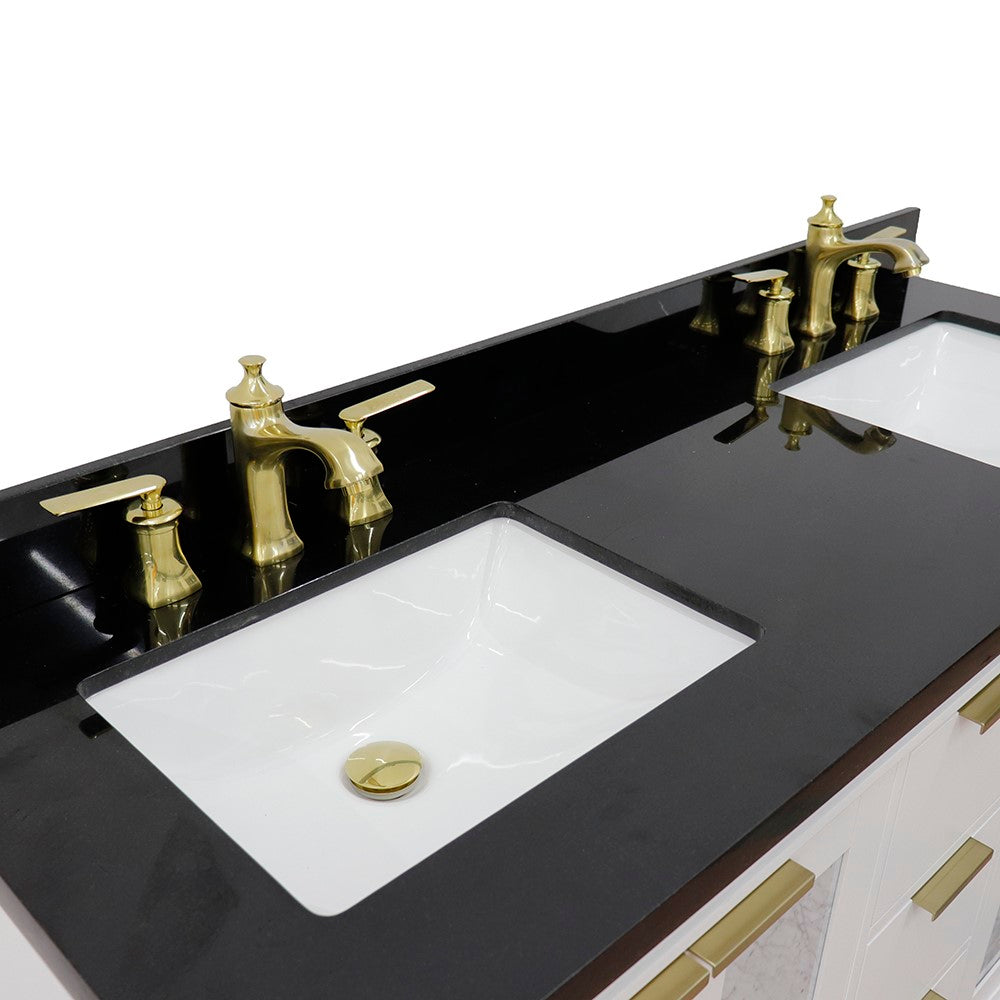 61 in. Double Sink Vanity in White Finish with Black Galaxy Granite and Rectangle Sinks, Trento Collection