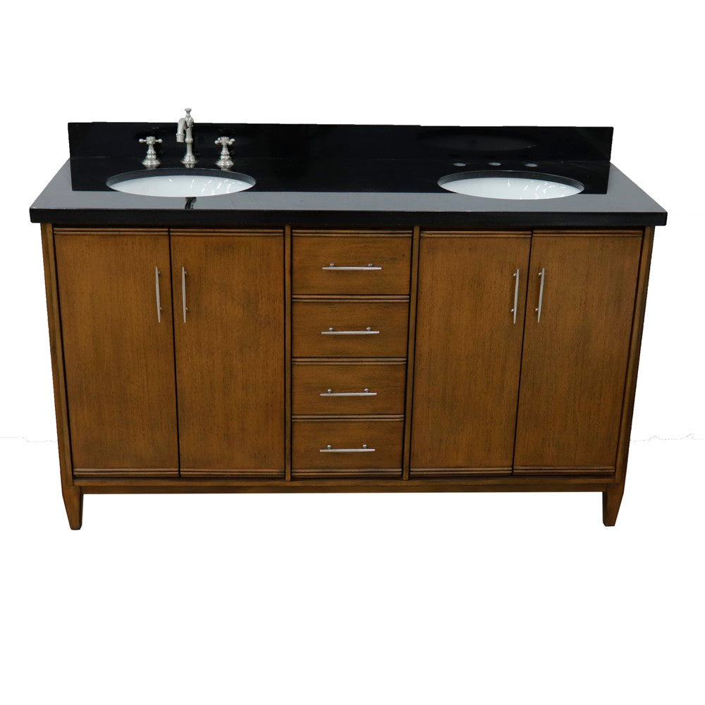 61 in. Double Sink Vanity in Walnut Finish with Black Galaxy Granite and Oval Sink