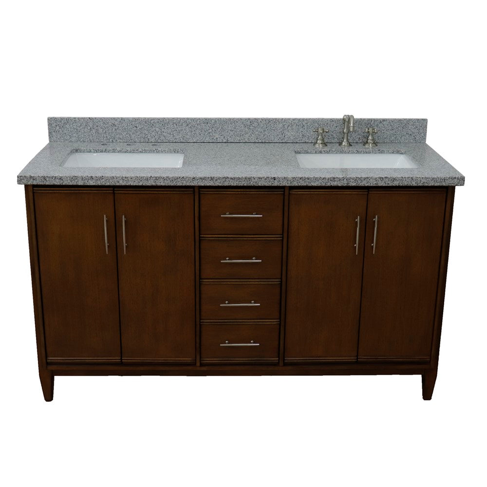 61 in. Double Sink Vanity in Walnut Finish with Gray Granite and Rectangle Sink