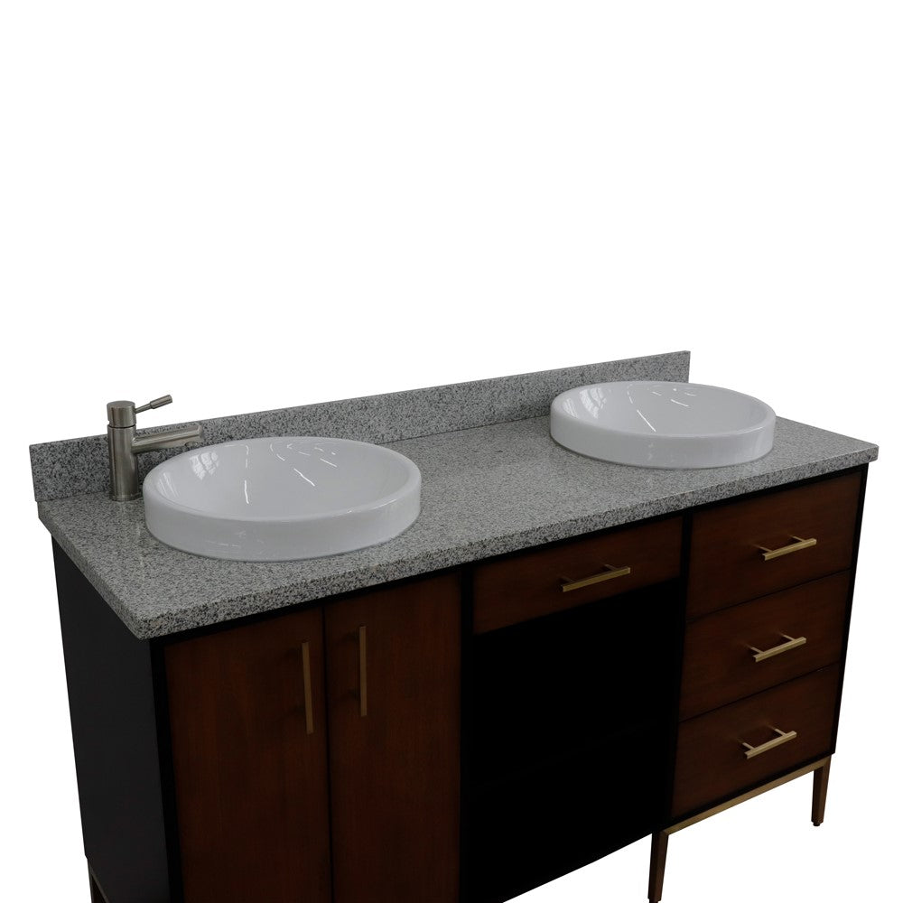 61 in. Double Sink Vanity in Walnut and Black Finish and Gray Granite and Round Sinks, Trento Collection