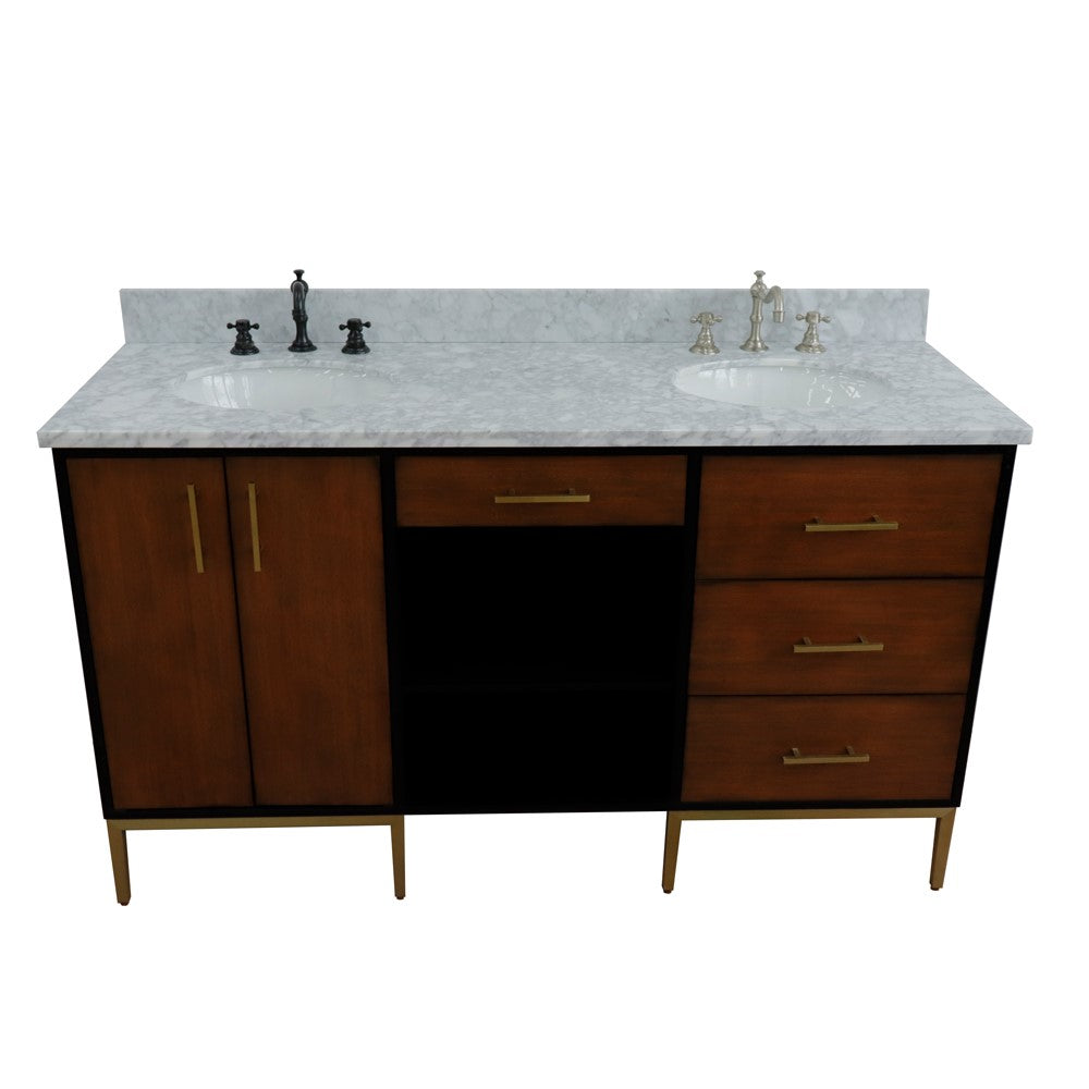 61 in. Double Sink Vanity in Walnut and Black Finish and White Carrara Marble and Oval Sinks