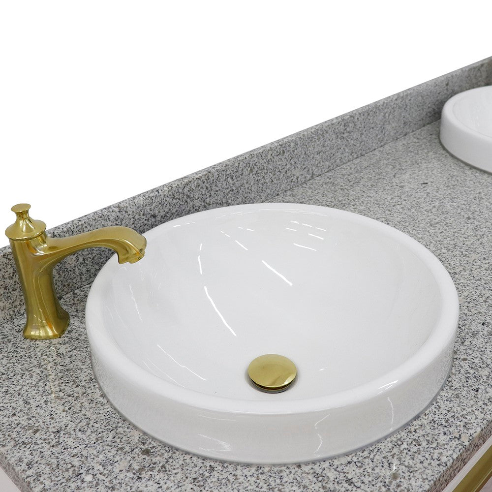 61 in. Double Sink Vanity in White Finish with Gray Granite and Round Sink, Trento Collections