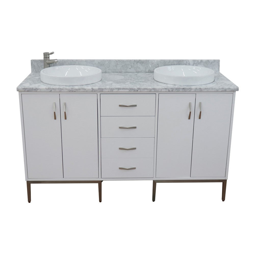 61 in. Double Sink Vanity in White Finish with White Carrara Marble and Round Sink, Tivoli Collection