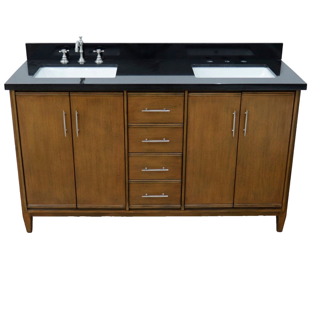 61 in. Double Sink Vanity in Walnut Finish with Black Galaxy Granite and Rectangle Sink