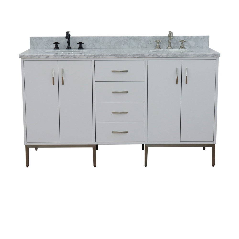 61 in. Double Sink Vanity in White Finish with White Carrara Marble and Oval Sink, Tivoli Collection