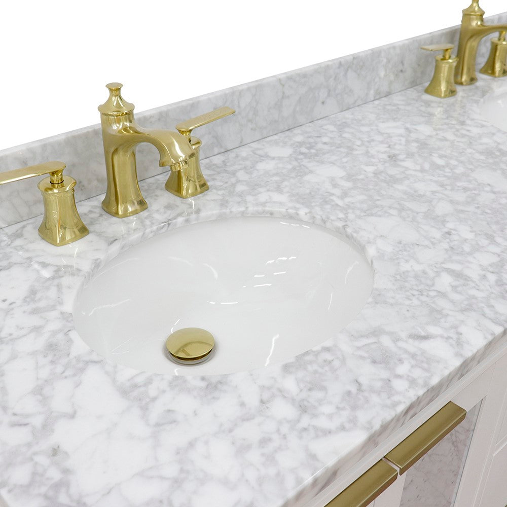 61 in. Double Sink Vanity in White Finish with White Carrara Marble and Oval Sink, Trento Collections