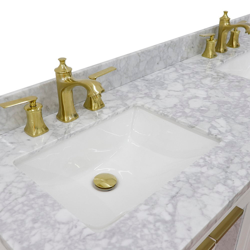 61 in. Double Sink Vanity in White Finish with White Carrara Marble and Rectangle Sinks, Trento Collection