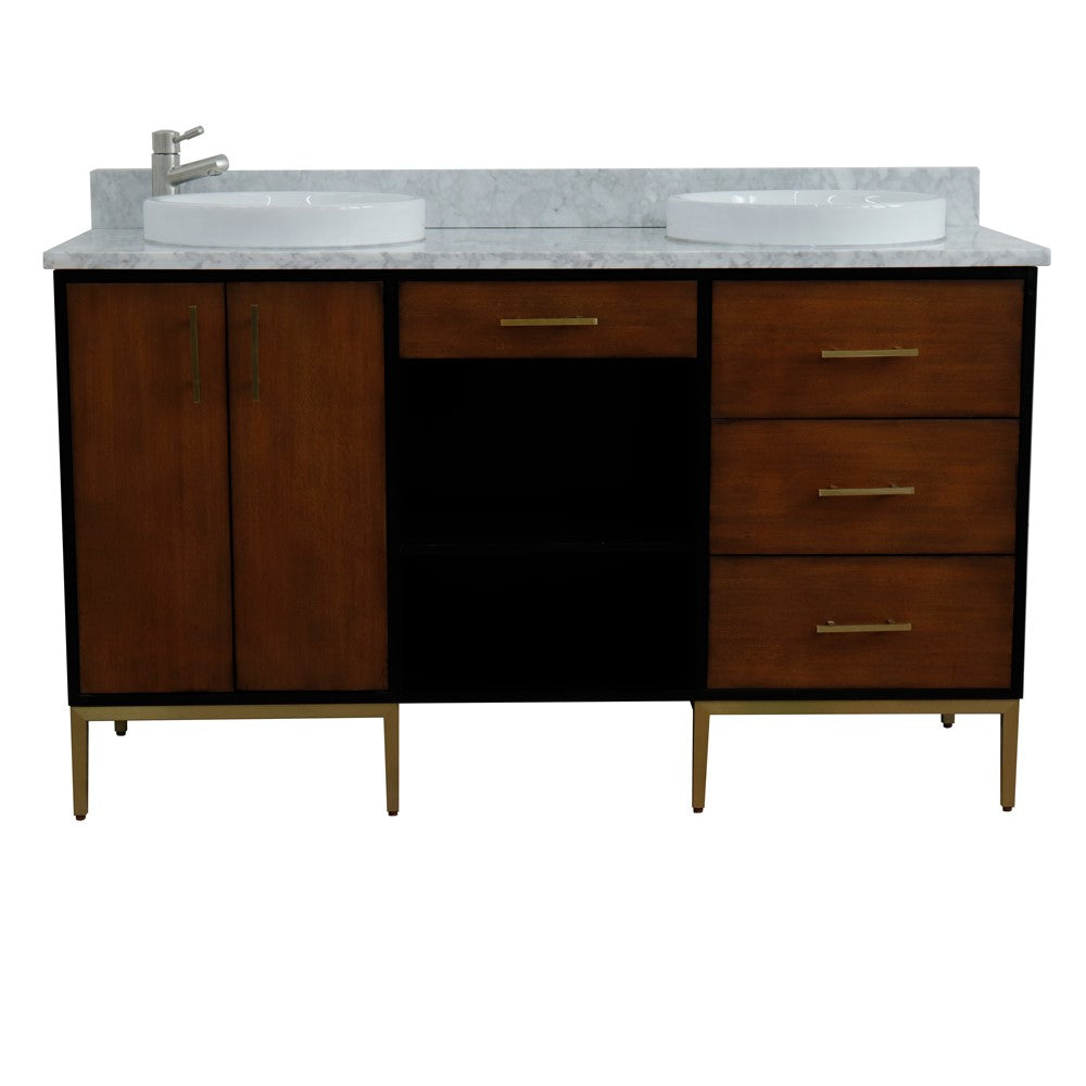 61 in. Double Sink Vanity in Walnut and Black Finish and White Carrara Marble and Round Sinks, Trento Collection