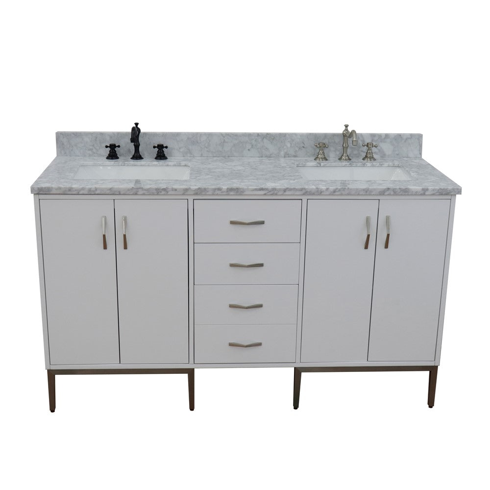 61 in. Double Sink Vanity in White Finish with White Carrara Marble and Rectangle Sink, Tivoli Collections