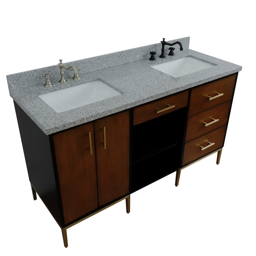 61 in. Double Sink Vanity in Walnut and Black Finish and Gray Granite and Rectangle Sinks, Trento Collection