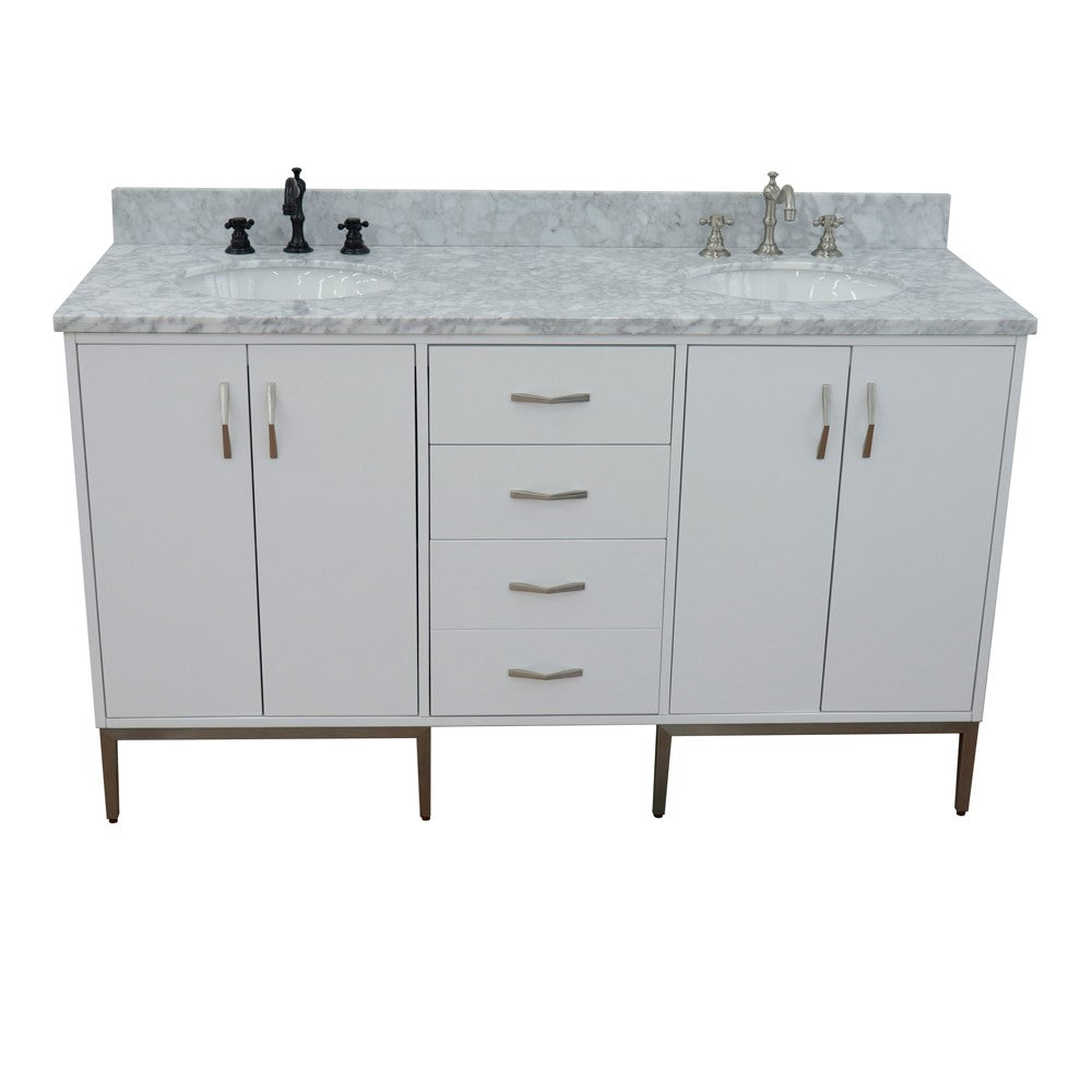 61 in. Double Sink Vanity in White Finish with White Carrara Marble and Oval Sink, Tivoli Collection
