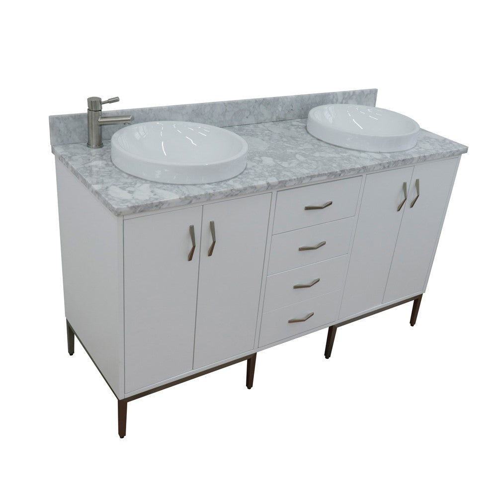 61 in. Double Sink Vanity in White Finish with White Carrara Marble and Round Sink, Tivoli Collection