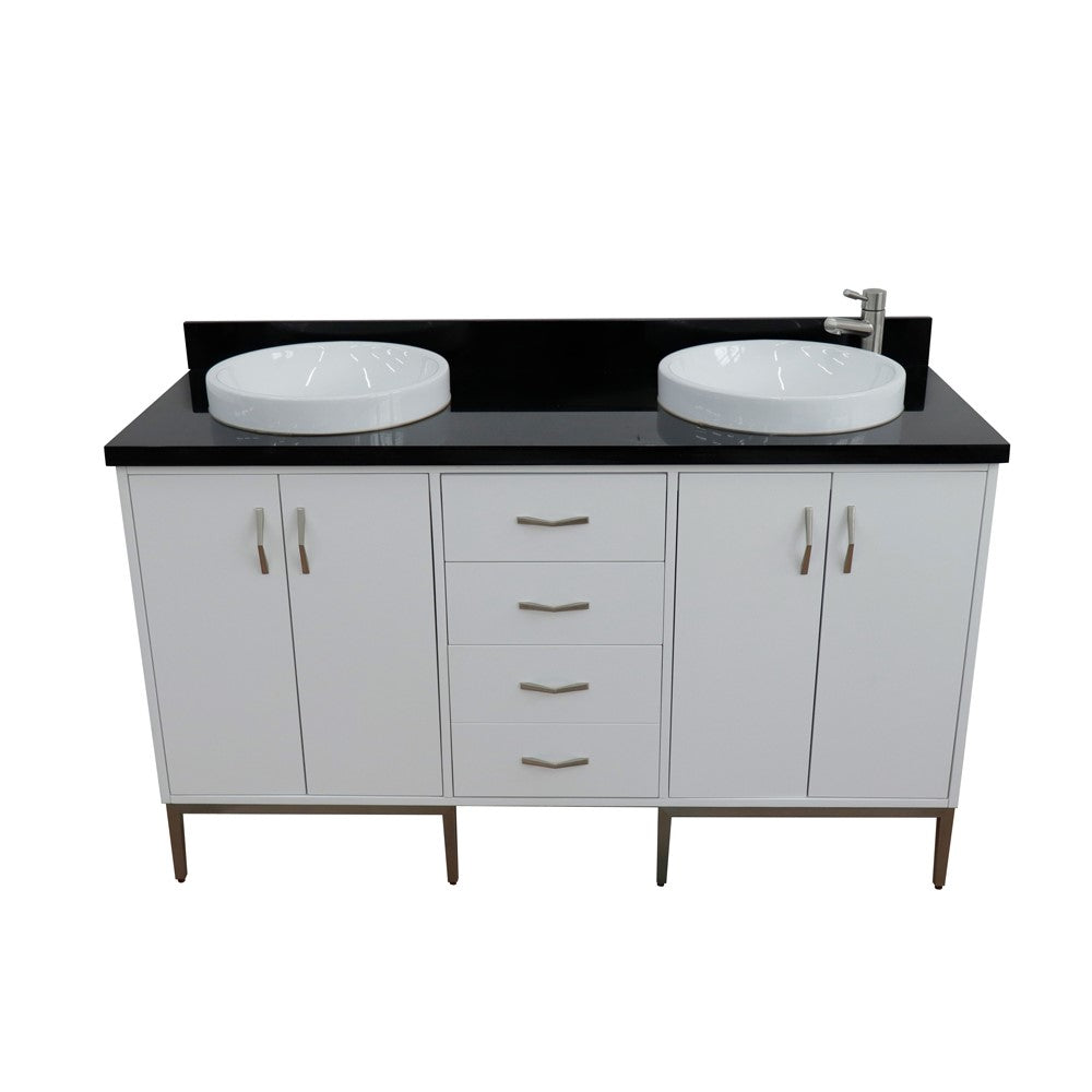 61 in. Double Sink Vanity in White Finish with Black Galaxy Granite and Round Sink, Tivoli Collection