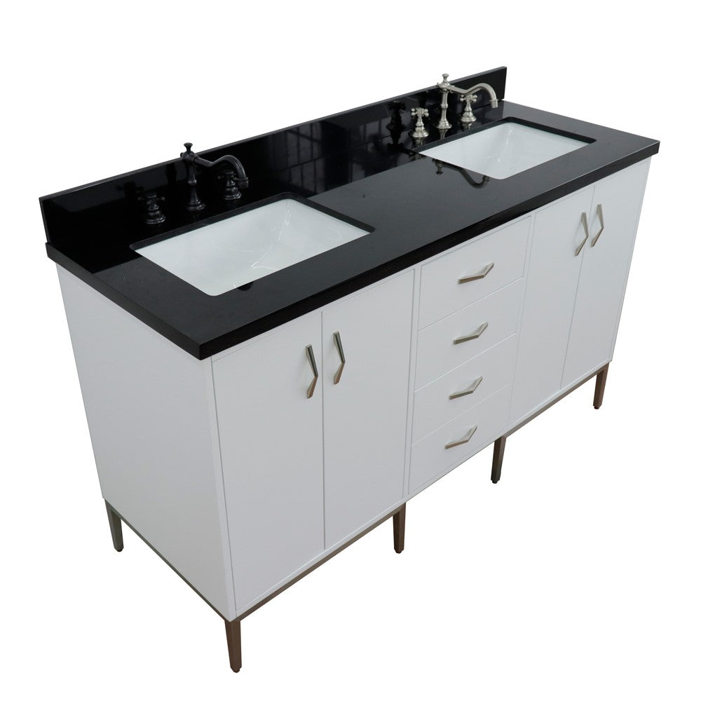 61 in. Double Sink Vanity in White Finish with Black Galaxy Granite and Rectangle Sink, Tivoli Collection