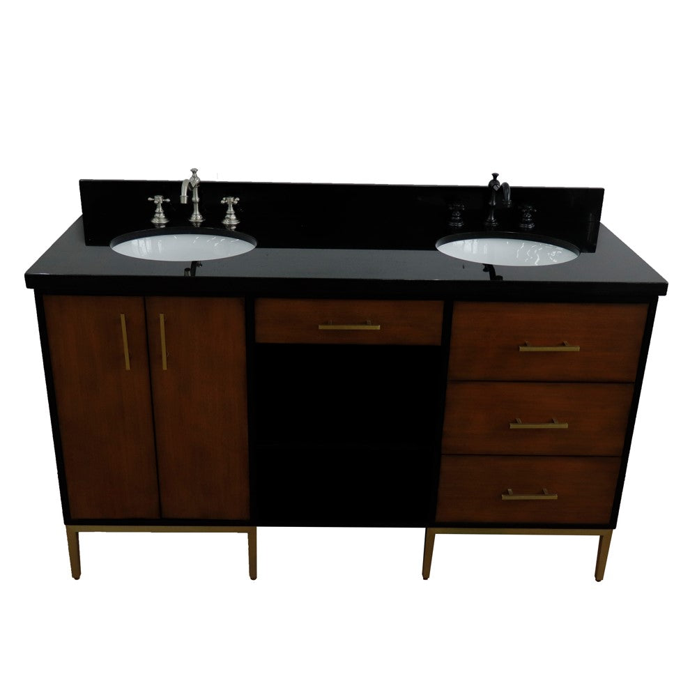 61 in. Double Sink Vanity in Walnut and Black Finish and Black Galaxy Granite and Oval Sinks