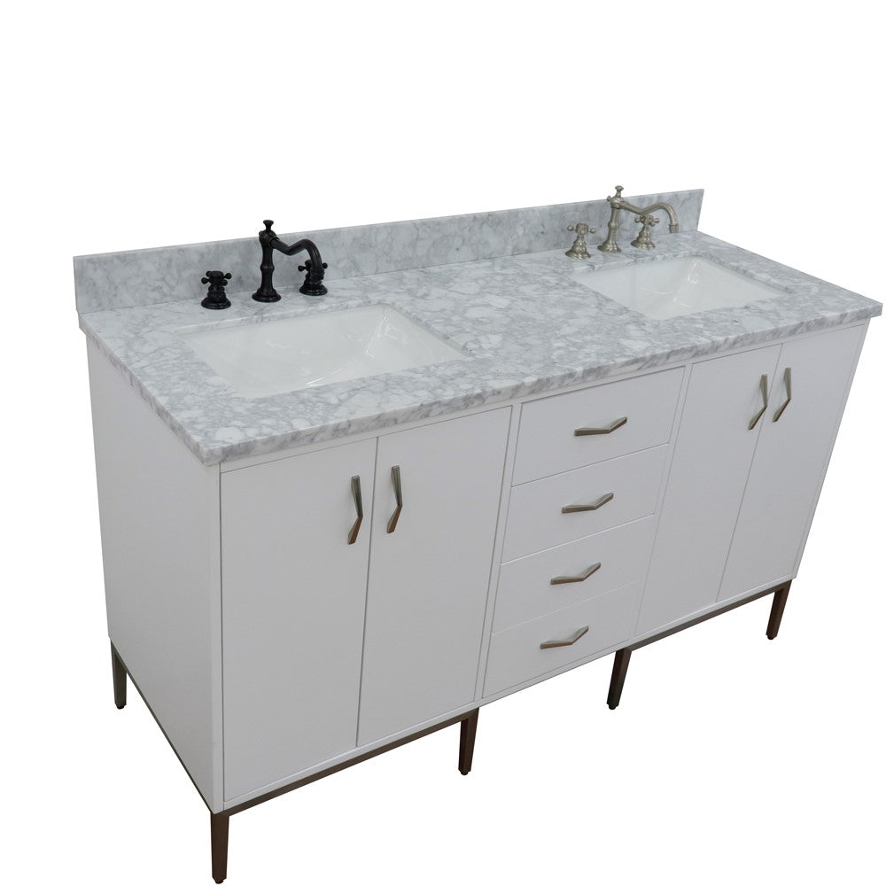 61 in. Double Sink Vanity in White Finish with White Carrara Marble and Rectangle Sink, Tivoli Collections