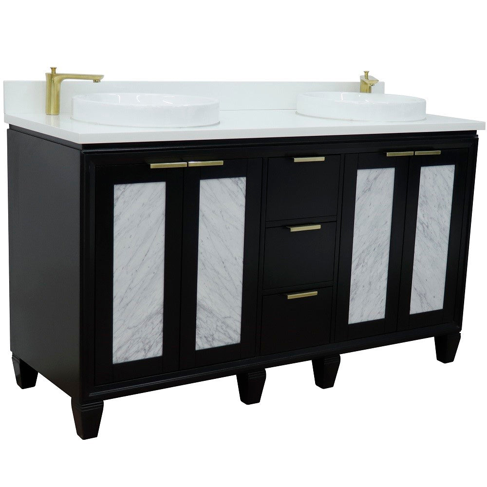 Trento 61 in. Double Sink Vanity in Black Finish with White Engineered Stone Top, Round Sinks