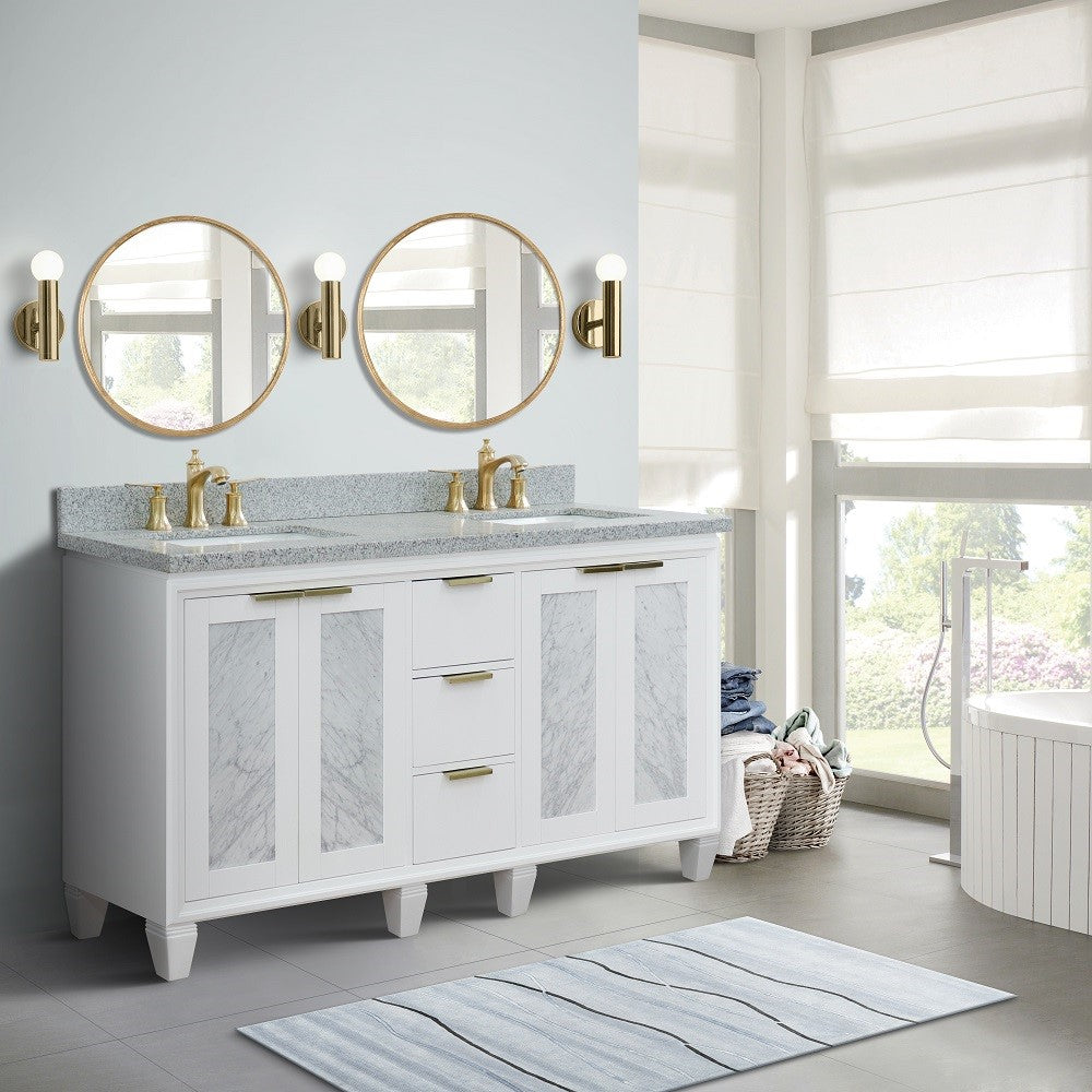 61 in. Double Sink Vanity in White Finish with Gray Granite and Rectangle Sinks, Trento Collection