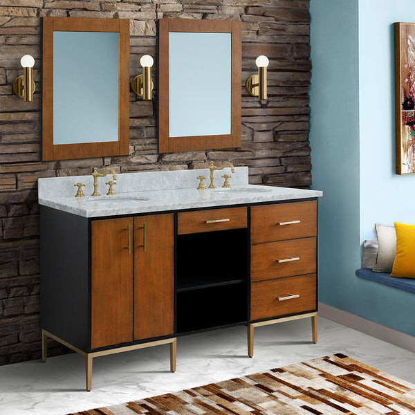 61 in. Double Sink Vanity in Walnut and Black Finish and White Carrara Marble and Oval Sinks