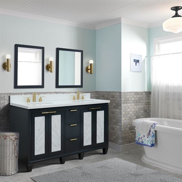 Trento 61 in. Double Sink Vanity in Dark Gray Finish with White Engineered Stone Top, Oval Sinks